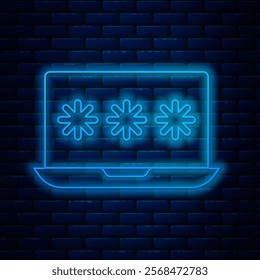 Glowing neon line Laptop with password notification icon isolated on brick wall background. Security, personal access, user authorization, login form.  Vector