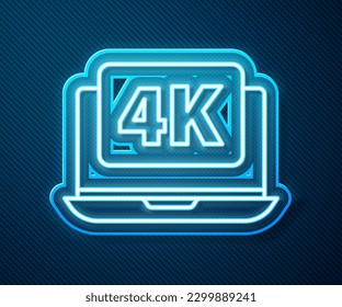 Glowing neon line Laptop screen with 4k video technology icon isolated on blue background.  Vector Illustration