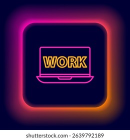 Glowing neon line Laptop with text work icon isolated on black background. Colorful outline concept. Vector