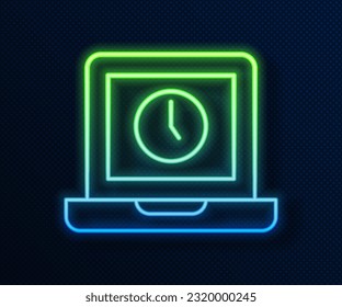 Glowing neon line Laptop time icon isolated on blue background. Computer notebook with empty screen sign.  Vector