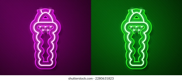 Glowing neon line Larva insect icon isolated on purple and green background.  Vector