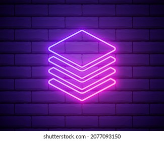 Glowing neon line Layers icon isolated on brick wall background. Colorful outline concept. Vector.