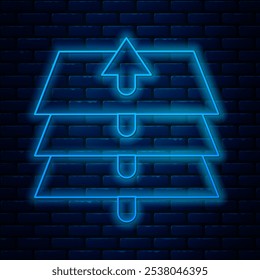 Glowing neon line Layers icon isolated on brick wall background.  Vector