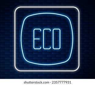 Glowing neon line Leaf Eco symbol icon isolated on brick wall background. Banner, label, tag, logo, sticker for eco green.  Vector