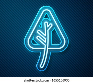 Glowing neon line Leaf icon isolated on blue background. Leaves sign. Fresh natural product symbol.  Vector Illustration