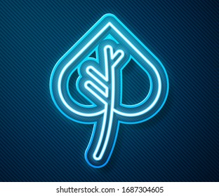 Glowing neon line Leaf icon isolated on blue background. Leaves sign. Fresh natural product symbol.  Vector Illustration