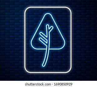 Glowing neon line Leaf icon isolated on brick wall background. Leaves sign. Fresh natural product symbol.  Vector Illustration