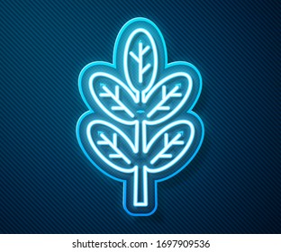 Glowing neon line Leaf icon isolated on blue background. Leaves sign. Fresh natural product symbol.  Vector Illustration