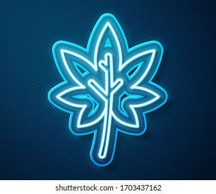 Icono de hoja de neón brillante aislado en fondo azul. Deja la señal. Símbolo de producto natural fresco. Ilustración vectorial
