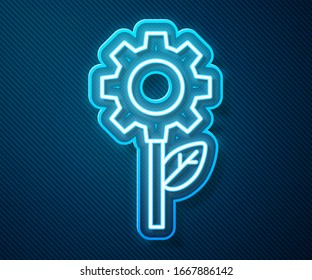 Glowing neon line Leaf plant ecology in gear machine icon isolated on blue background. Eco friendly technology. World Environment day label.  Vector Illustration