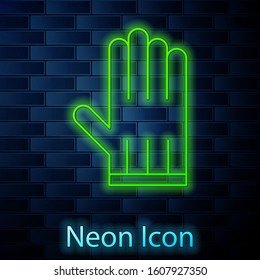 Glowing neon line Leather glove icon isolated on brick wall background.  Vector Illustration