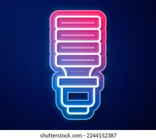 Glowing neon line LED light bulb icon isolated on blue background. Economical LED illuminated lightbulb. Save energy lamp.  Vector