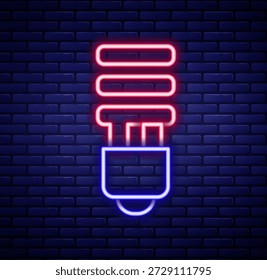 Glowing neon line LED light bulb icon isolated on brick wall background. Economical LED illuminated lightbulb. Save energy lamp. Colorful outline concept. Vector