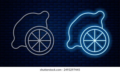 Glowing neon line Lemon icon isolated on brick wall background.  Vector