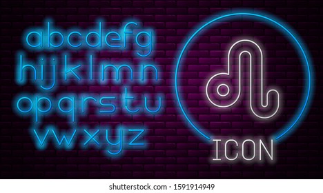 Glowing neon line Leo zodiac sign icon isolated on brick wall background. Astrological horoscope collection. Neon light alphabet. Vector Illustration