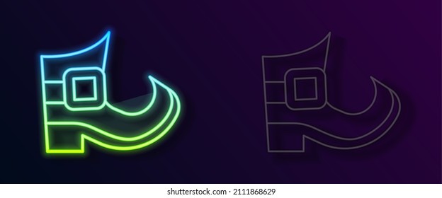 Glowing neon line Leprechaun boot icon isolated on black background. Happy Saint Patricks day. National Irish holiday.  Vector