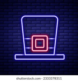 Glowing neon line Leprechaun hat icon isolated on brick wall background. Happy Saint Patricks day. National Irish holiday. Colorful outline concept. Vector