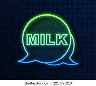 Glowing neon line Lettering milk icon isolated on blue background. Hand written design for label, brand, badge.  Vector