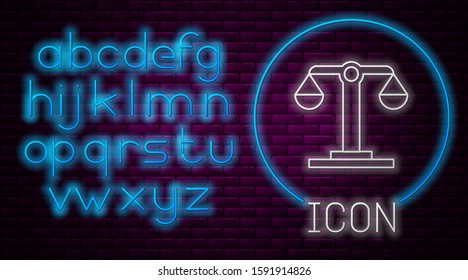 Glowing neon line Libra zodiac sign icon isolated on brick wall background. Astrological horoscope collection. Neon light alphabet. Vector Illustration