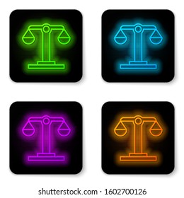 Glowing neon line Libra zodiac sign icon isolated on white background. Astrological horoscope collection. Black square button. Vector Illustration