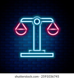 Glowing neon line Libra zodiac sign icon isolated on brick wall background. Astrological horoscope collection. Colorful outline concept. Vector