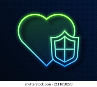 Glowing neon line Life insurance with shield icon isolated on blue background. Security, safety, protection, protect concept.  Vector
