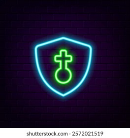 Glowing neon line Life insurance with shield icon isolated on black background. Safety, security, safety, protect concept. Colorful outline concept. neon style..