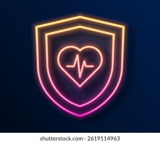 Glowing neon line Life insurance with shield icon isolated on black background. Security, safety, protection, protect concept.  Vector