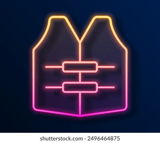 Glowing neon line Life jacket icon isolated on black background. Life vest icon. Extreme sport. Sport equipment.  Vector