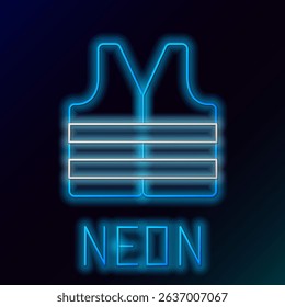 Glowing neon line Life jacket icon isolated on black background. Life vest icon. Extreme sport. Sport equipment. Colorful outline concept. Vector