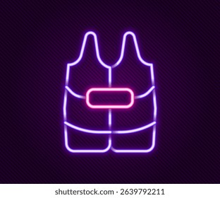 Glowing neon line Life jacket icon isolated on black background. Life vest icon. Extreme sport. Sport equipment. Colorful outline concept. Vector