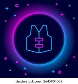 Glowing neon line Life jacket icon isolated on black background. Life vest icon. Extreme sport. Sport equipment. Colorful outline concept. Vector