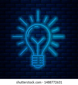Glowing neon line Light bulb with rays shine and concept of idea icon isolated on brick wall background. Energy and idea symbol. Inspiration concept.  Vector Illustration