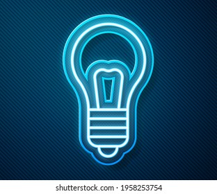 Línea de neón brillante Bombilla de luz con el concepto de icono de idea aislado en fondo azul. Símbolo de energía e ideas. Concepto de inspiración.  Ilustración vectorial