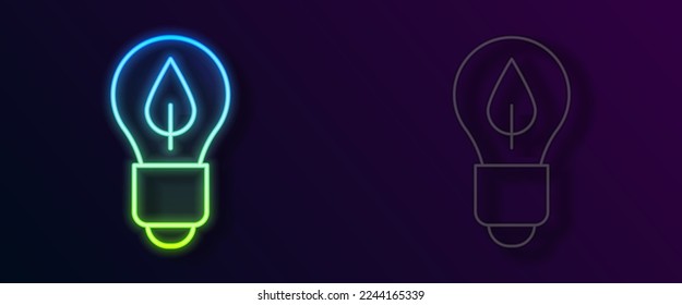Línea de neón brillante Bombilla de luz con icono de hoja aislado en el fondo negro. Concepto de energía ecológica. Concepto de energía alternativa.  Vector