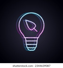 Línea de neón brillante Bombilla de luz con icono de hoja aislado en el fondo negro. Concepto de energía ecológica. Concepto de energía alternativa.  Vector