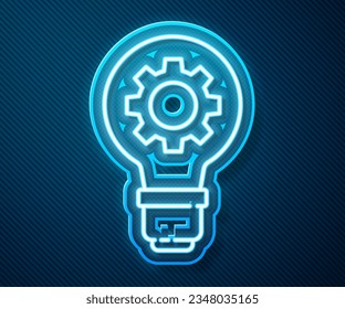Glowing neon line Light bulb and gear icon isolated on blue background. Innovation concept. Business idea.  Vector Illustration