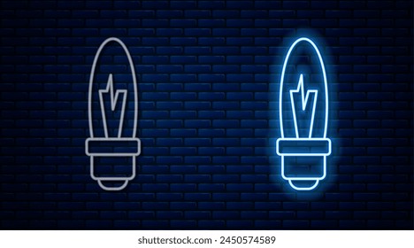 Línea de neón brillante Bombilla con concepto de icono de idea aislado sobre fondo de pared de ladrillo. Símbolo de energía e idea. Concepto de Inspiración.  Vector