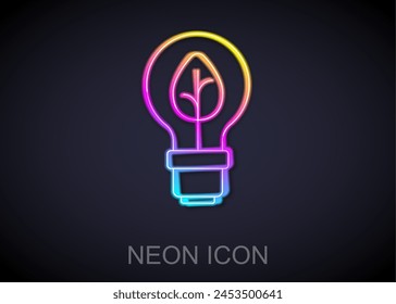 Glowing neon line Light bulb with leaf icon isolated on black background. Eco energy concept. Alternative energy concept.  Vector
