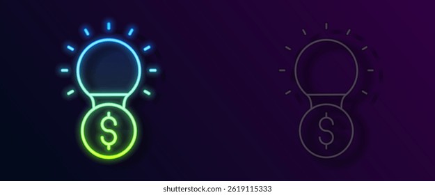 Glowing neon line Light bulb with dollar symbol icon isolated on black background. Money making ideas. Fintech innovation concept.  Vector