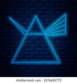 Glowing neon line Light rays in prism icon isolated on brick wall background. Ray rainbow spectrum dispersion optical effect in glass prism.  Vector Illustration