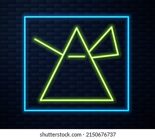 Glowing Neon Line Light Rays In Prism Icon Isolated On Brick Wall Background. Ray Rainbow Spectrum Dispersion Optical Effect In Glass Prism.  Vector Illustration