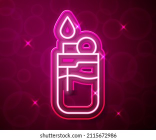 Glowing neon line Lighter icon isolated on red background.  Vector