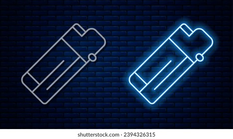 Glowing neon line Lighter icon isolated on brick wall background.  Vector