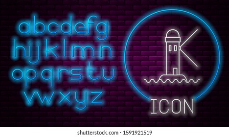 Glowing neon line Lighthouse icon isolated on brick wall background. Neon light alphabet. Vector Illustration