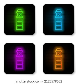 Glowing neon line Lighthouse icon isolated on white background. Black square button. Vector