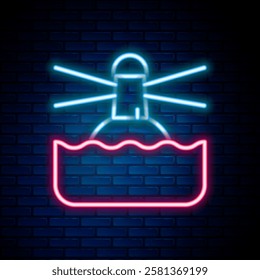Glowing neon line Lighthouse icon isolated on brick wall background. Colorful outline concept. Vector