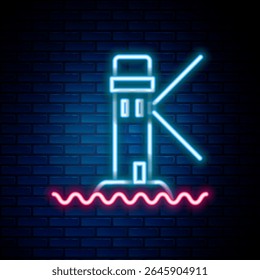 Glowing neon line Lighthouse icon isolated on brick wall background. Colorful outline concept. Vector