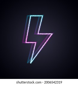 Icono de perno relámpago de neón brillante aislado en el fondo negro. Signo de flash. Icono de flash de carga. Tornillo de trueno. Ataque de iluminación.  Vector