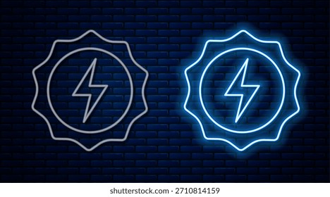 Glowing neon line Lightning bolt icon isolated on brick wall background. Flash sign. Charge flash icon. Thunder bolt. Lighting strike.  Vector